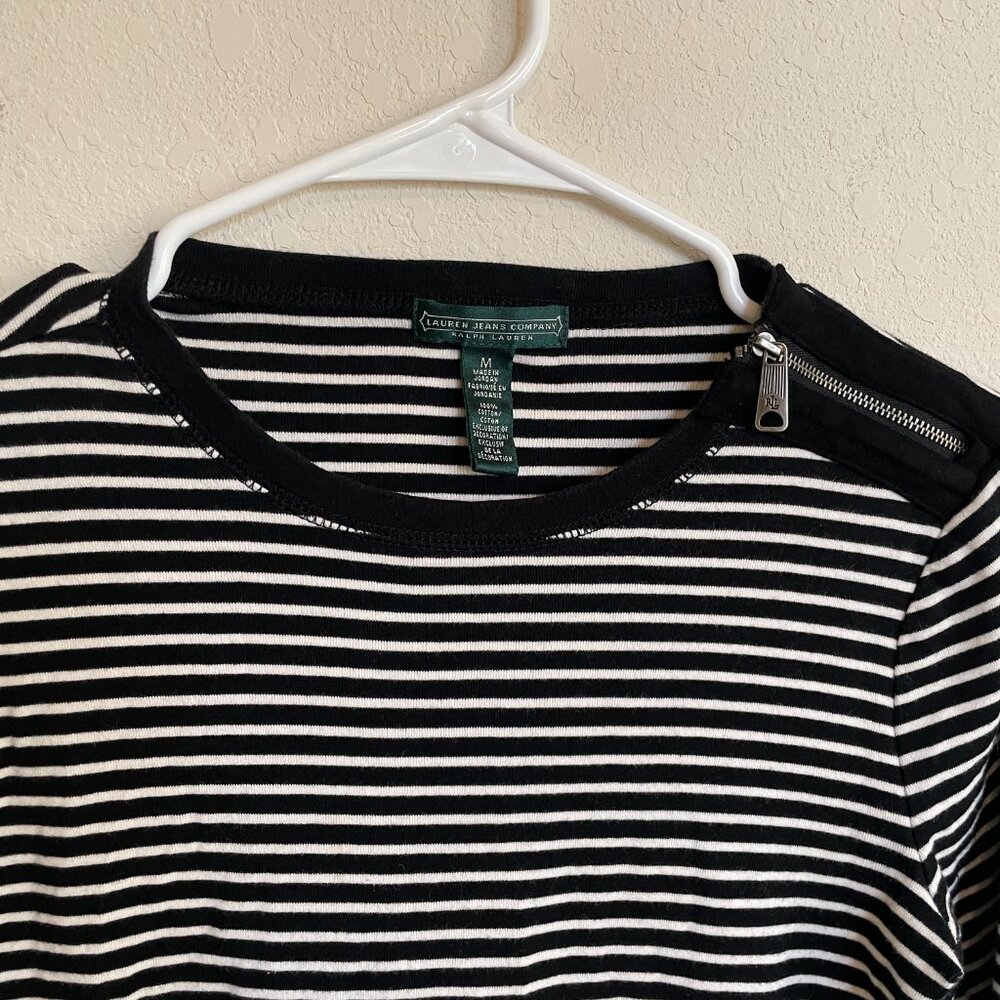 Ralph Lauren Medium Black White Striped Ribbed Long Sleeve Top 100% Cotton - Picture 3 of 8